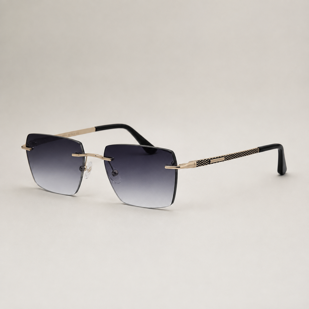 BOSS Hugo Boss Rimless Square Sunglasses – Gold & Black with Gradient Lenses + Case