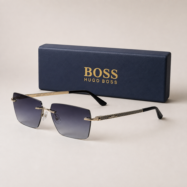 BOSS Hugo Boss Rimless Square Sunglasses – Gold & Black with Gradient Lenses + Case