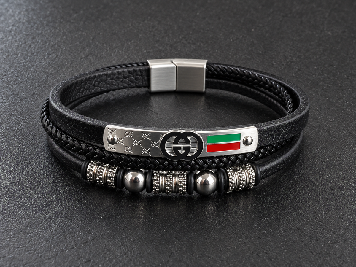 Gucci Men’s Black Genuine Leather Bracelet with Silver-Tone Accents
