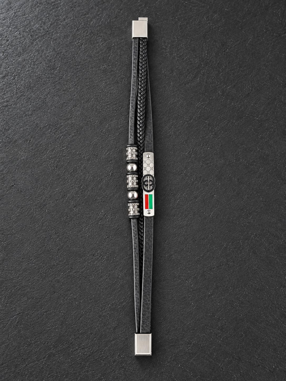 Gucci Men’s Black Genuine Leather Bracelet with Silver-Tone Accents