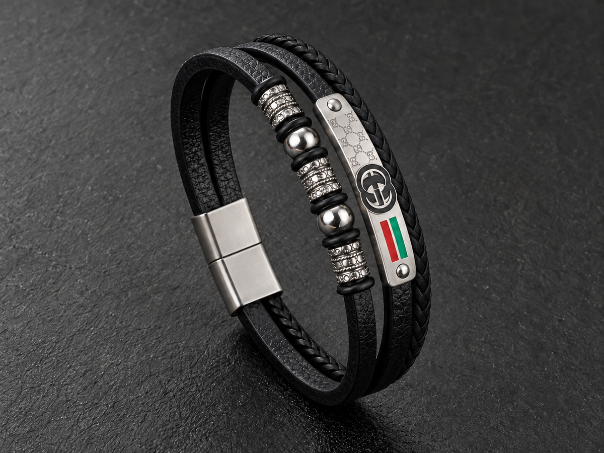 Gucci Men’s Black Genuine Leather Bracelet with Silver-Tone Accents