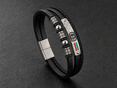 Gucci Men’s Black Genuine Leather Bracelet with Silver-Tone Accents