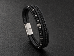 Men’s Layered Genuine Leather Bracelet with Matte Black Beads