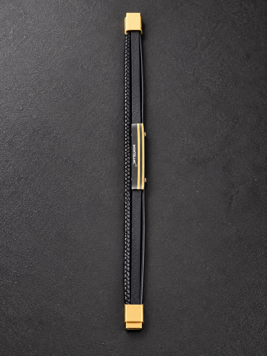 Montblanc Men’s Genuine Leather Bracelet with Black & Gold-Tone Bar