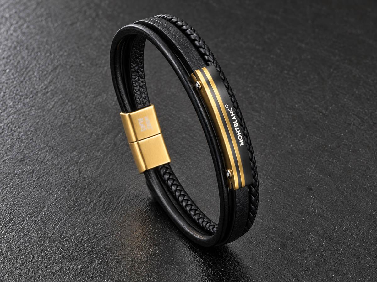 Montblanc Men’s Genuine Leather Bracelet with Black & Gold-Tone Bar
