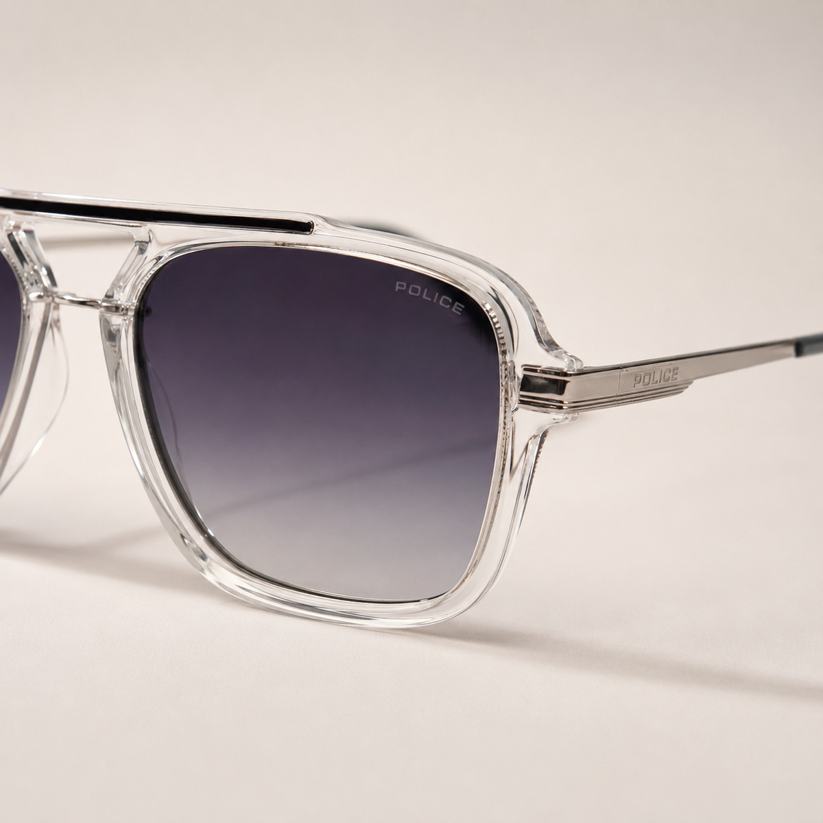 Police Transparent Silver Aviator Sunglasses with Case