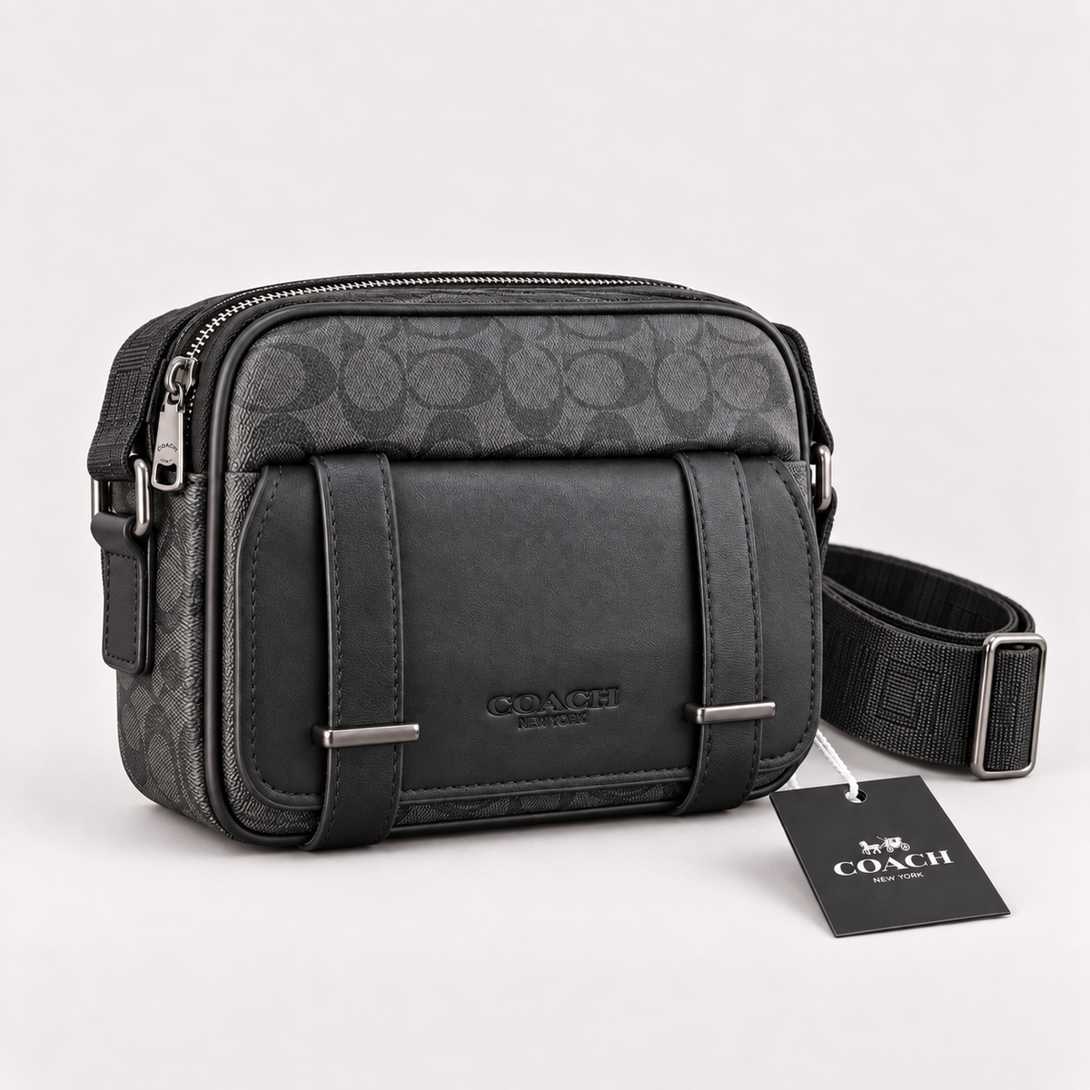 Coach Men’s Charcoal Signature Crossbody Bag with Black Front Flap