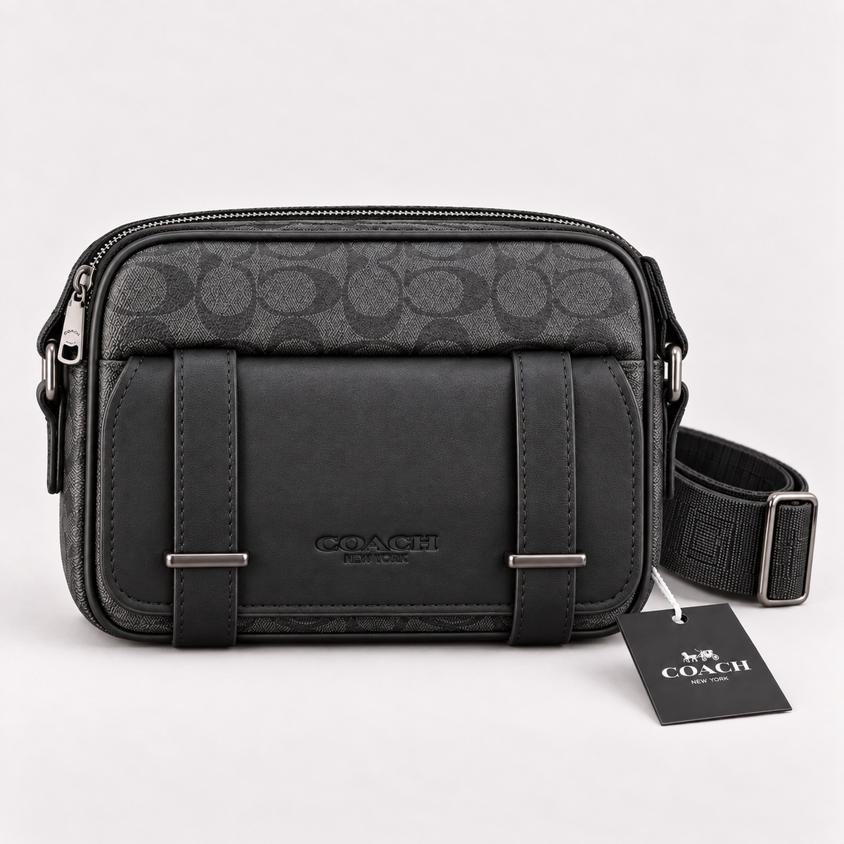 Coach Men’s Charcoal Signature Crossbody Bag with Black Front Flap