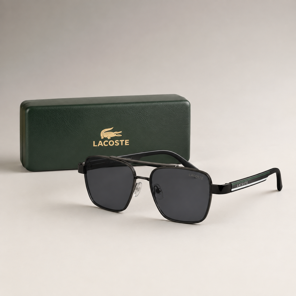 Lacoste Square Sunglasses – Black with Dark Grey Lenses + Case