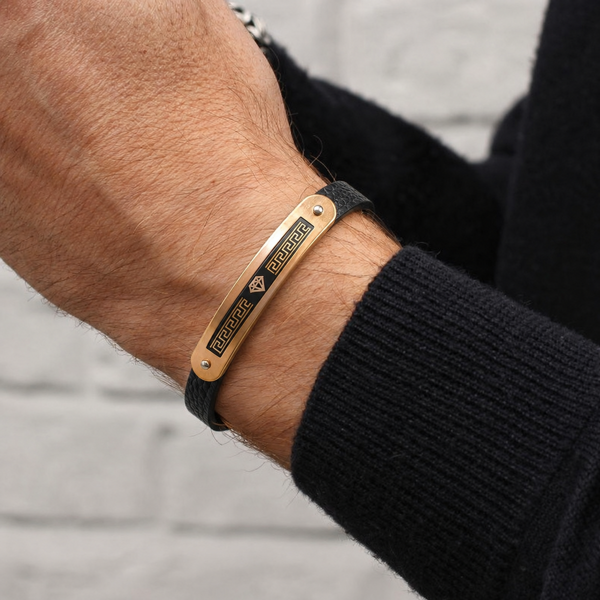 Black Leather & Gold Stainless Steel Bracelet