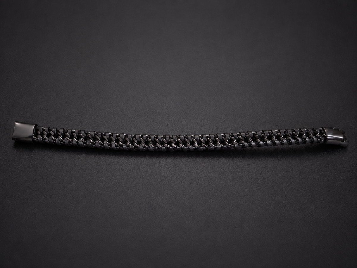 Black Double-Row Chain Bracelet with Woven Detail
