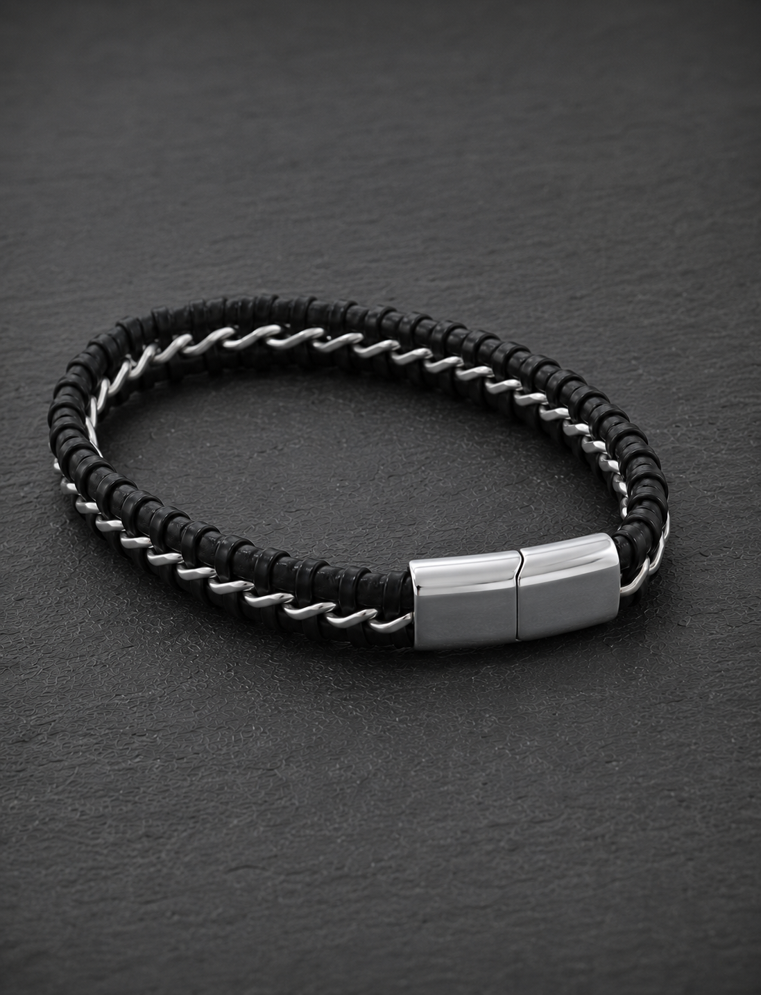 Leather and chain bracelet detail