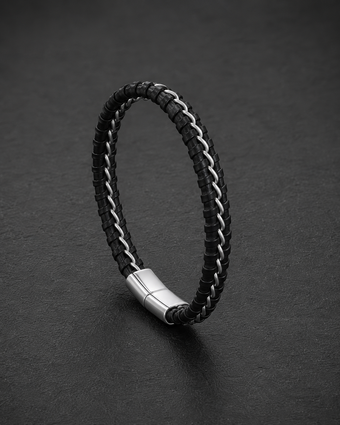 Leather and chain bracelet styled