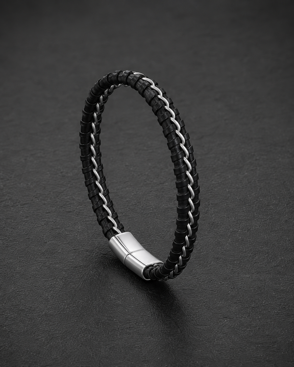 Leather and chain bracelet styled