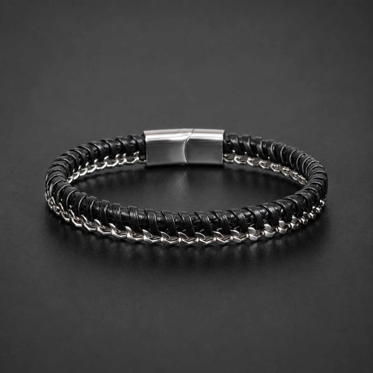Black Braided Bracelet with Silver-Tone Chain