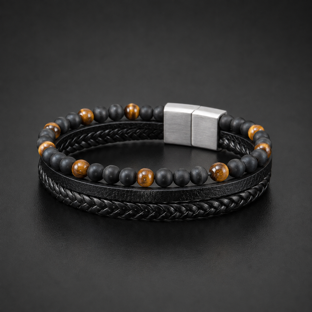 Men’s Black Multi-Strand Bracelet with Tiger Eye Beads