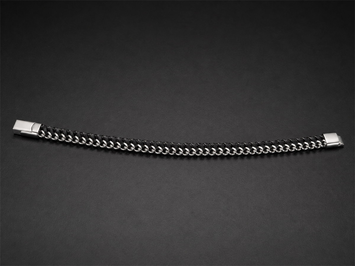 Black Braided Bracelet with Silver-Tone Chain