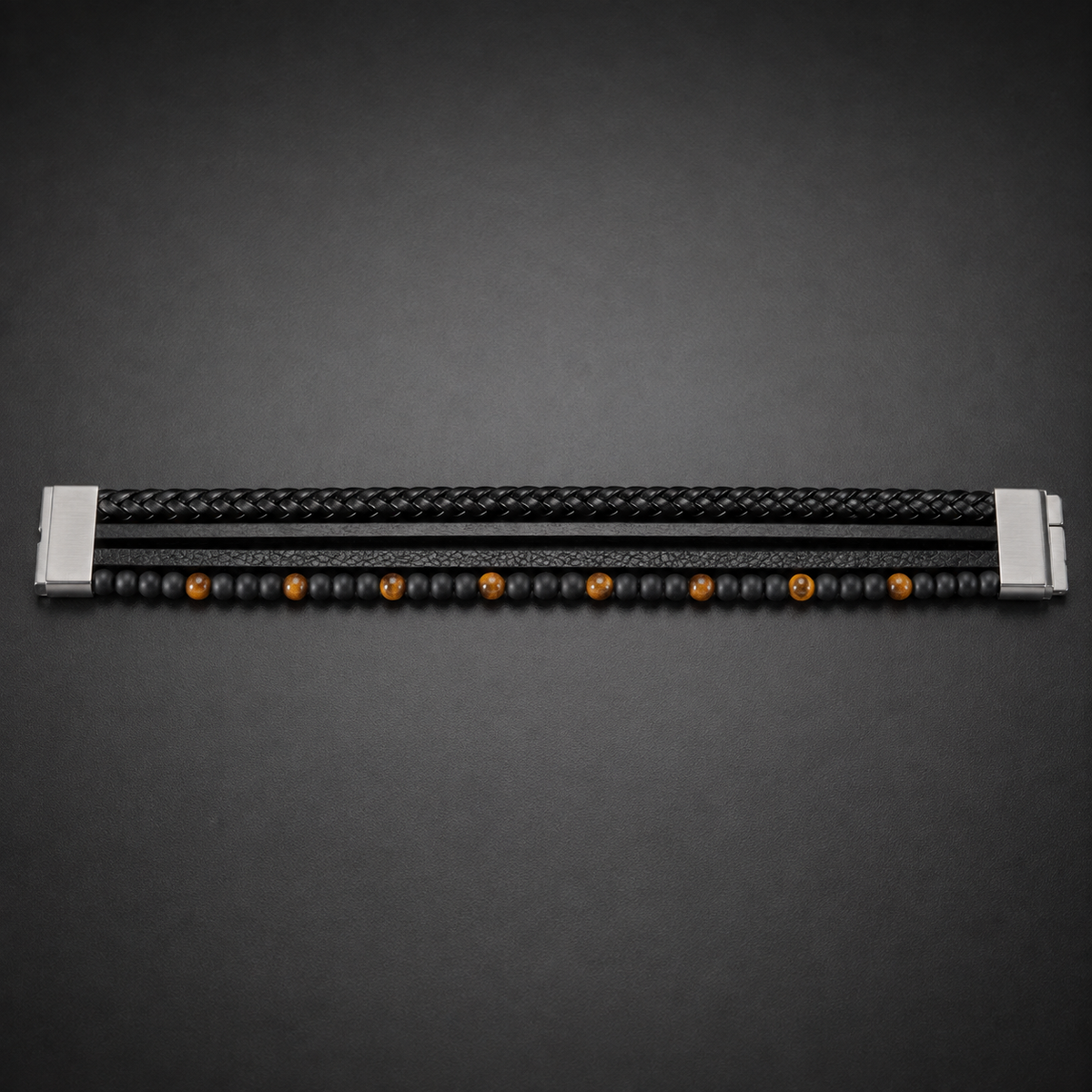 Men’s Black Multi-Strand Bracelet with Tiger Eye Beads