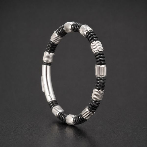 Men’s Black & Silver-Tone Ribbed Bracelet